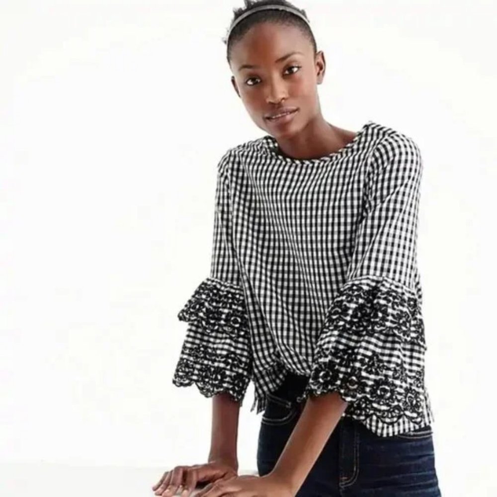 NWT J. Crew Gingham Top in Black + White, Tiered Bell Sleeves, Size 8